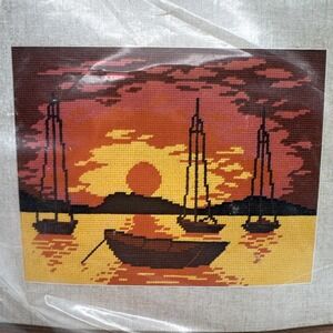 Caron Needlepoint Kit Harbor Sunset Boats Vtg 70s 4590 Nautical Coastal Beach